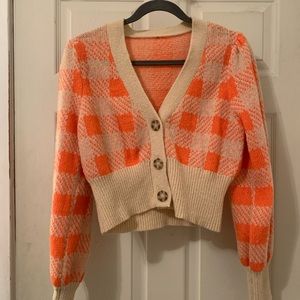 SHEIN Tan and Orange Checkered Crop Sweater